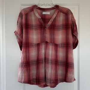 Lucky Brand Plaid V-Neck Popover Top (Pink Plaid/Size XS)